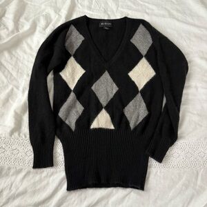 Mc Duff XS Argyle 100% Cashmere V neck Sweater black Y2K high waist
